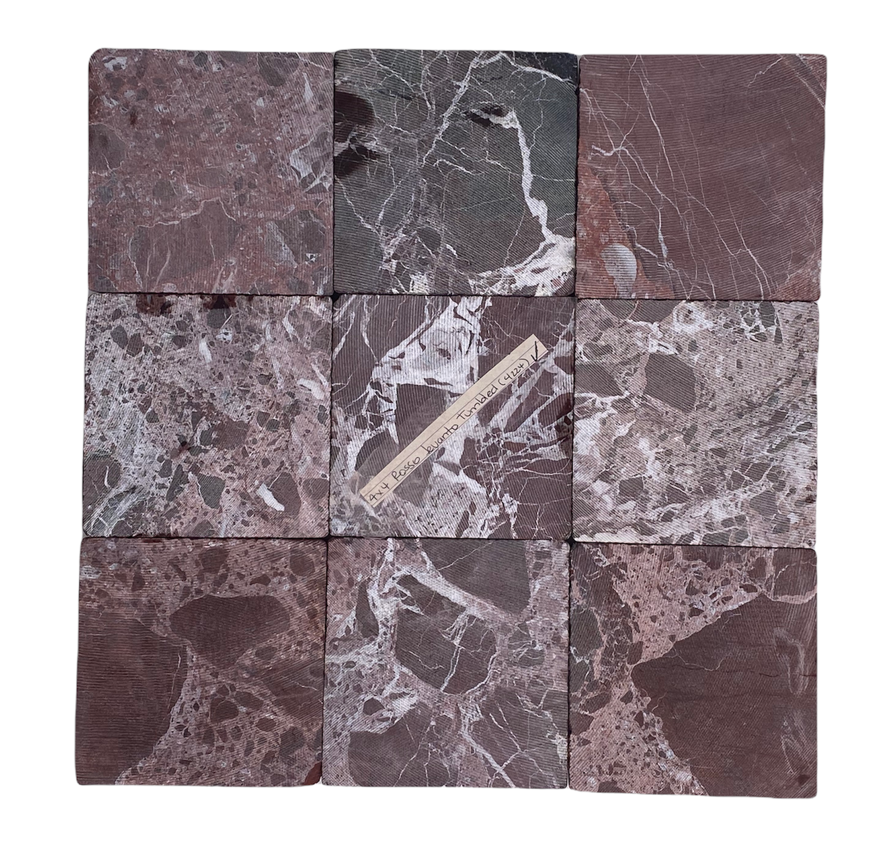 Rosso Levanto Burgundy Cherry Wine Color Rosa Marquina Marble 4x4 Inch Antique Tumbled Finish Floor Wall Tile for Fireplace Surround, Kitchen Backsplashes, Exterior Interior Tile, Coaster Handcraft