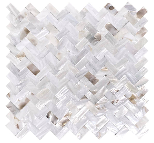 Mother of Pearl Oyster White Natural Sea Shell Seamless Herringbone Tile for Kitchen Backsplashes By Tenedos