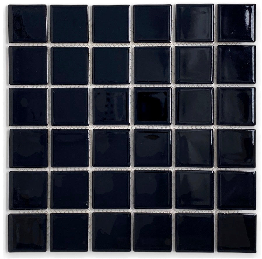 Tenedos Premium Quality 2" (Exact Size 1-15/16 in.) Black Porcelain Square Mosaic Tile Shiny Look Designed in Italy (12x12) for Kitchen Backsplash, Pool Tile, Bathroom Wall, Accent Wall