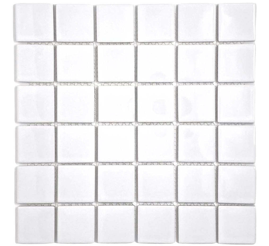 Tenedos 2" (Exact Size 1-15/16 in.) White Porcelain Square Mosaic Tile Shiny Look Designed in Italy (12x12), Wall