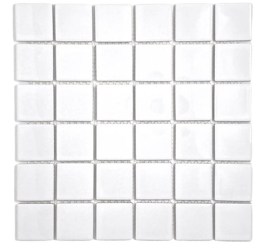 Tenedos Premium Quality 2" (Exact Size 1-15/16 in.) White Porcelain Square Mosaic Tile Shiny Look Designed in Italy (12x12) for Kitchen Backsplash, Pool Tile, Bathroom Wall, Accent Wall