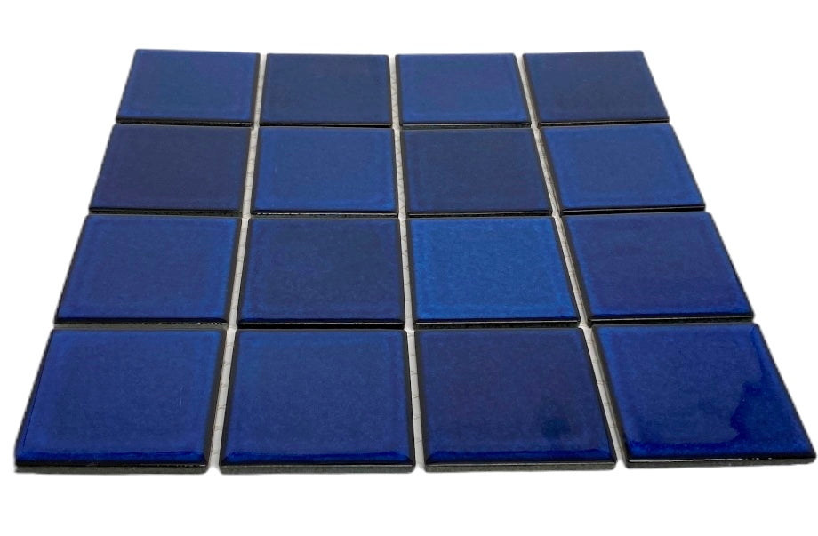 Tenedos 3x3 Cobalt Blue Square Pattern Porcelain Mosaic Floor Wall Pool Tile On Mesh Mounted For Kitchen Backsplash, Bathroom Shower, Accent Decor