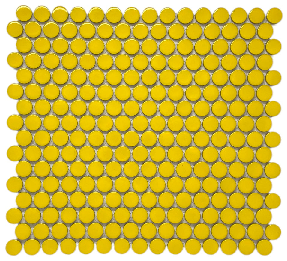 Tenedos Yellow Penny Round Porcelain Mosaic Floor Wall Tile, Décor, Mesh-Mounted