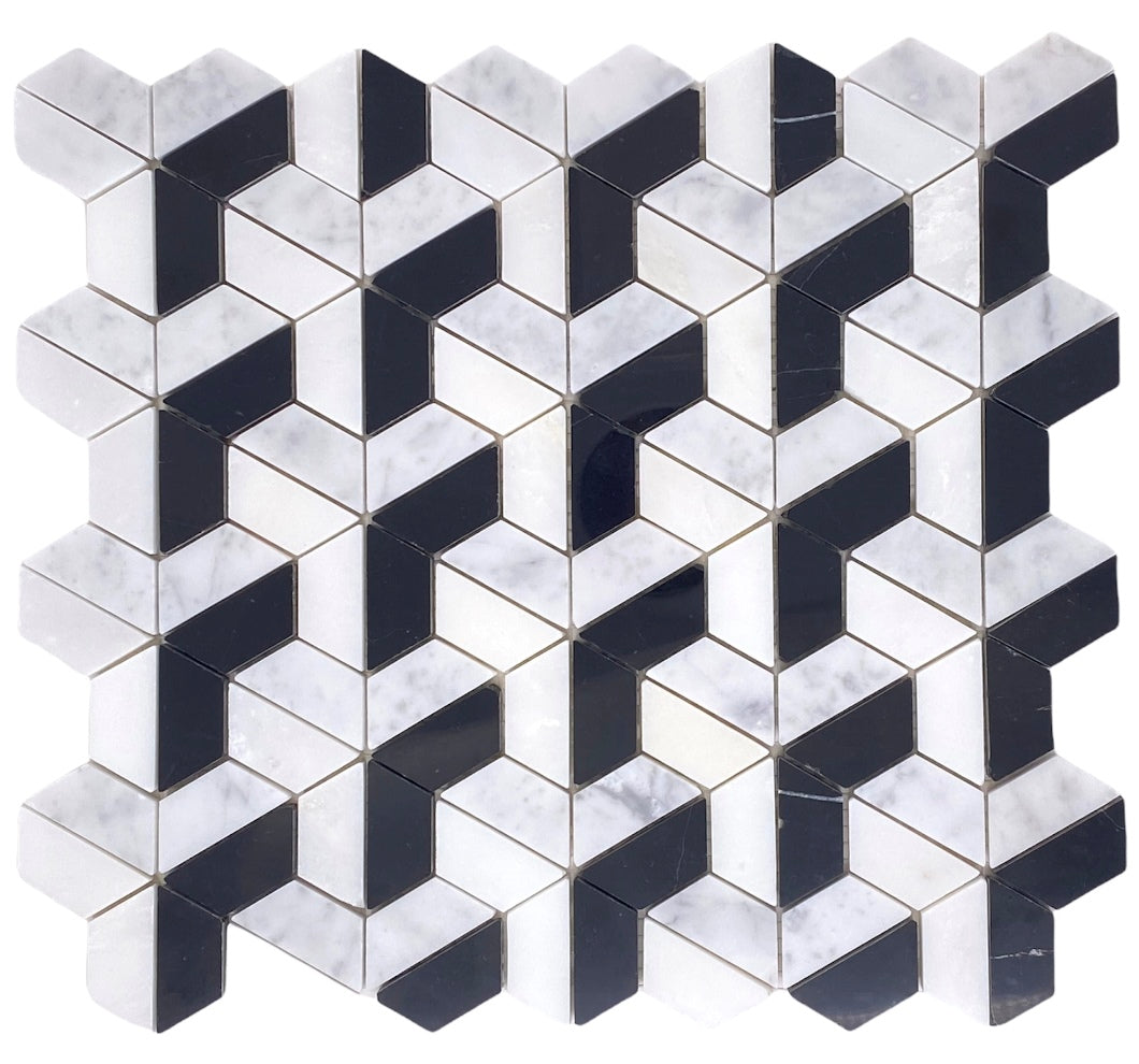 Tenedos Carrara with Thassos and Nero Marquina 3D Honeycomb Marble Mosaic Floor and Wall Tile