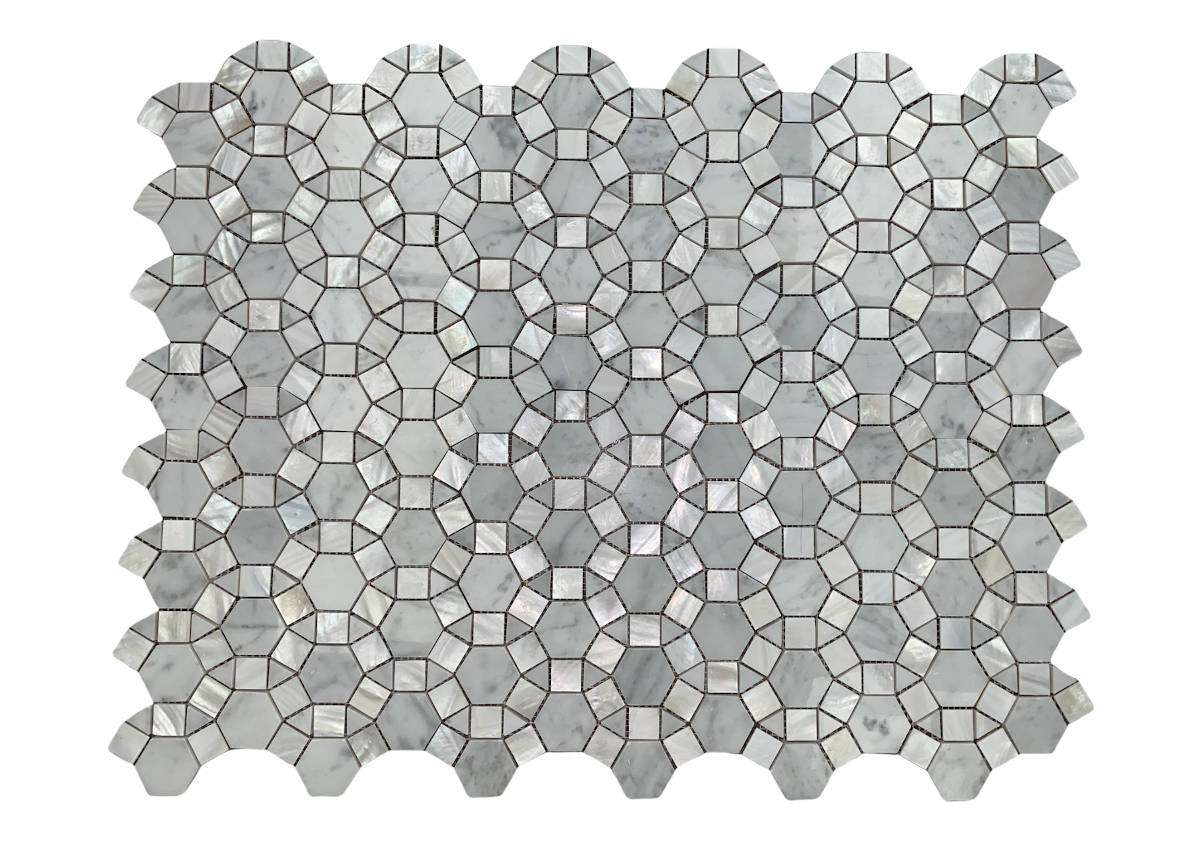 Carrara Waterjet Marble with Mix Circulos Pallas Mother of Pearl Floor Wall Tile