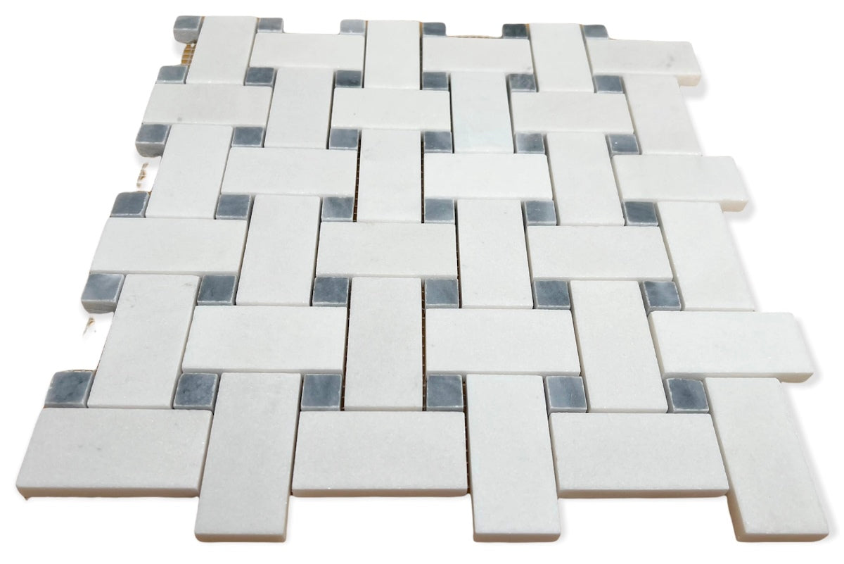 Thassos White Marble 1x2 Basketweave Mosaic Tile with Gray Marble Dots Polished for Floor and Wall