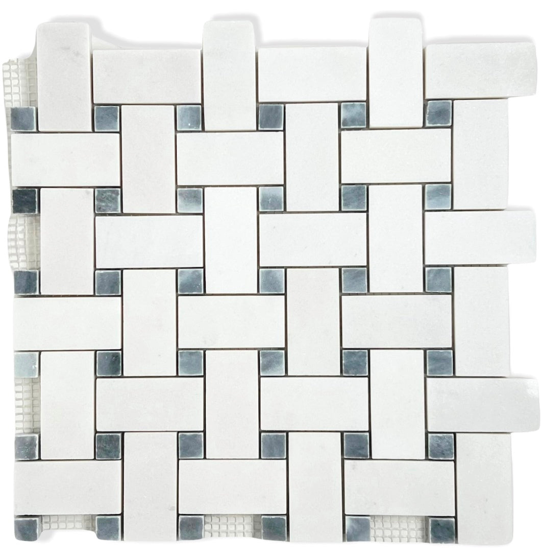 Thassos White Marble 1x2 Basketweave Mosaic Tile with Gray Marble Dots Polished for Floor and Wall