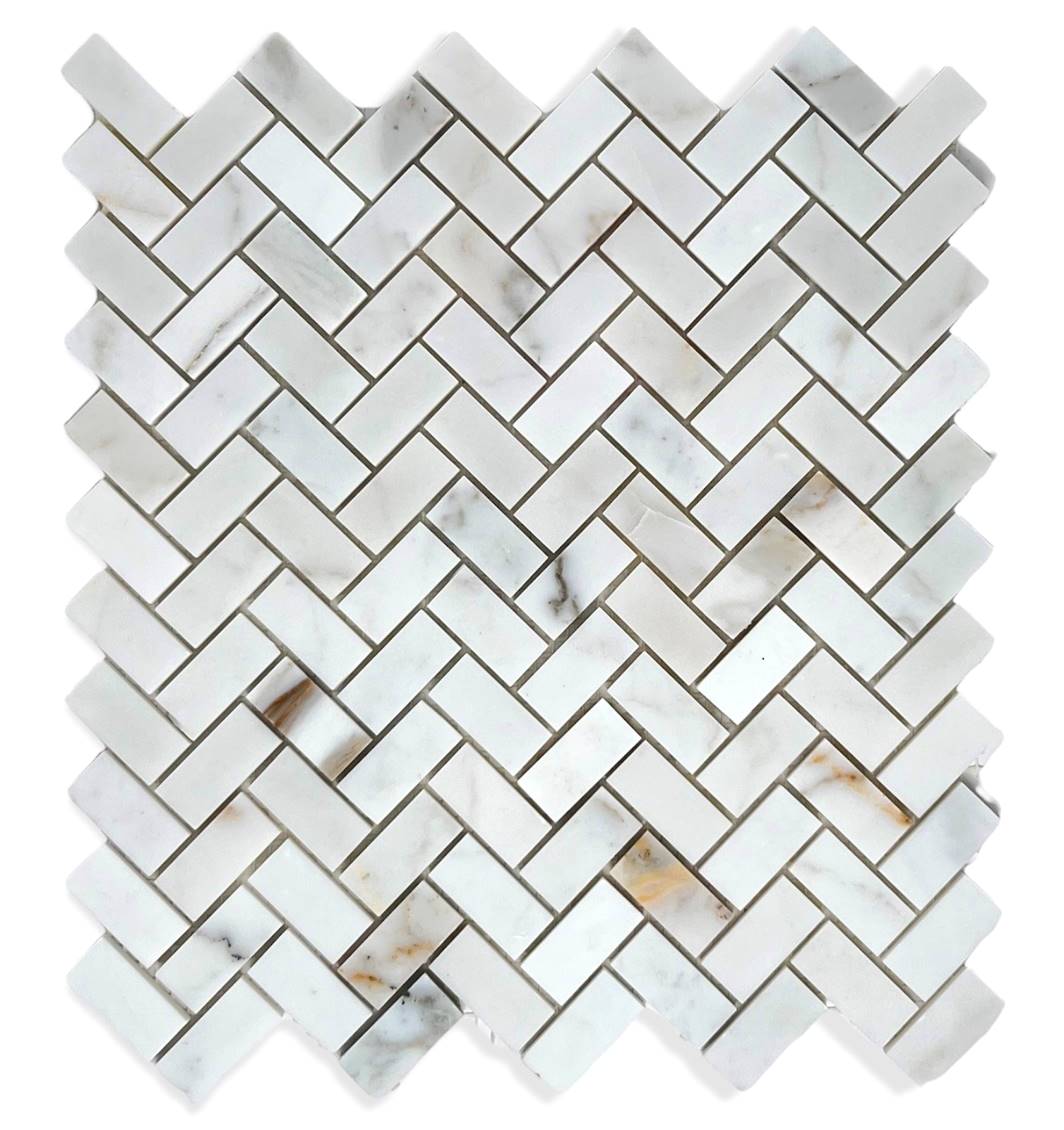 Tenedos Calacatta Gold Marble Mini Herringbone Mosaic Floor and Wall Tile Polished for Kitchen Backsplash| Bathroom Shower| Fireplace Surround