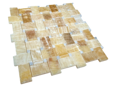 Honey Onyx with Thassos White Dots Marble Polished Premium Basketweave Mosaic Floor Wall ile