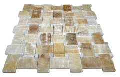 Honey Onyx with Thassos White Dots Marble Polished Premium Basketweave Mosaic Floor Wall ile