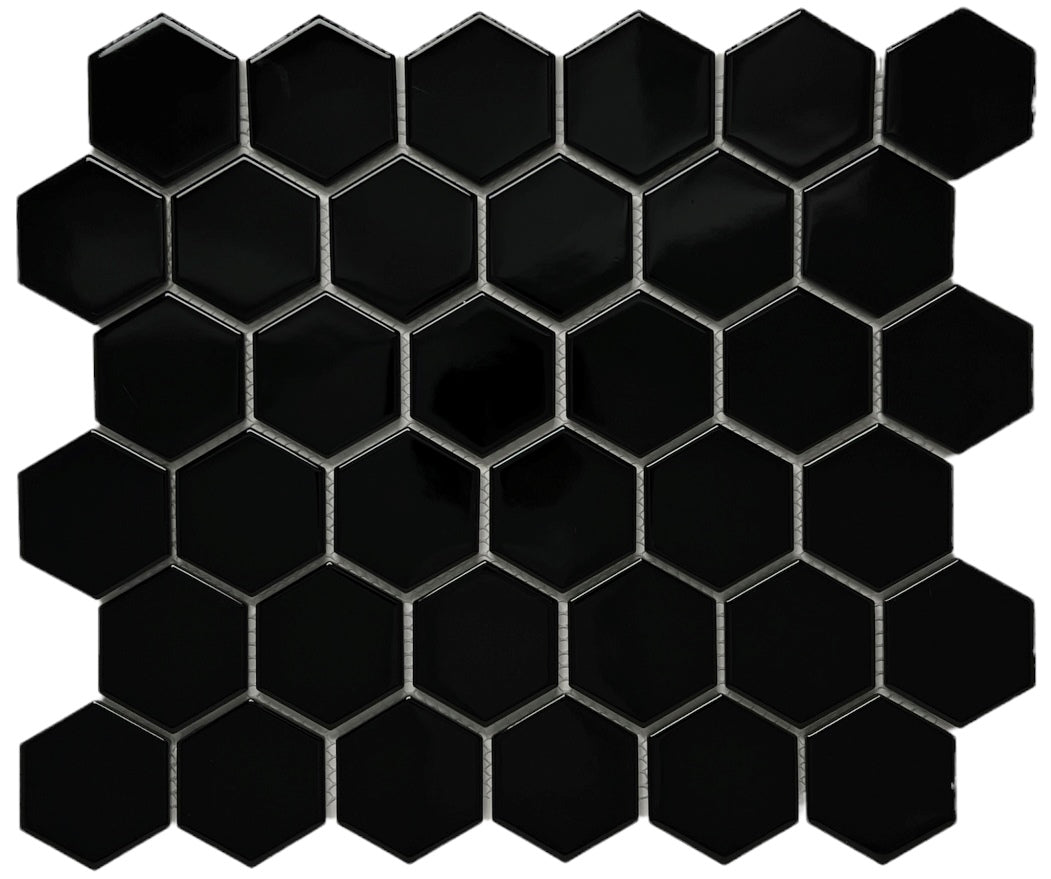 Tenedos Hexagon 2 in. Black Glossy Porcelain Mosaic Floor Wall Tile, décor