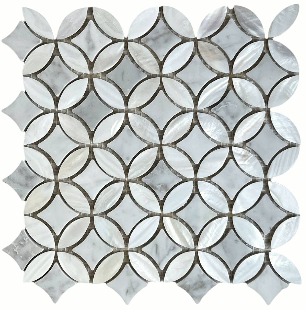 White Carrara with Mother of Pearl Flower Wall Floor Tile On Mosaic Sheet
