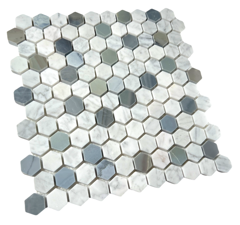 Modern Blue Grey and Carrara Hexagon 1 Inch Marble Polished Tile for Floor and Wall, Bathroom, Backsplash, Accent Wall