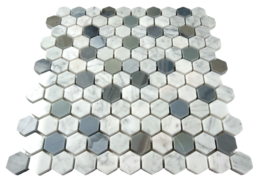 Modern Blue Grey and Carrara Hexagon 1 Inch Marble Polished Tile for Floor and Wall, Bathroom, Backsplash, Accent Wall