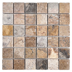 Tenedos Scabos Square 2x2 Tumbled Travertine Mosaic Floor and Wall Tile for Kitchen Backsplash, Swimming Pool Tile, Bathroom Shower, Accent decor, Fireplace Surrounds