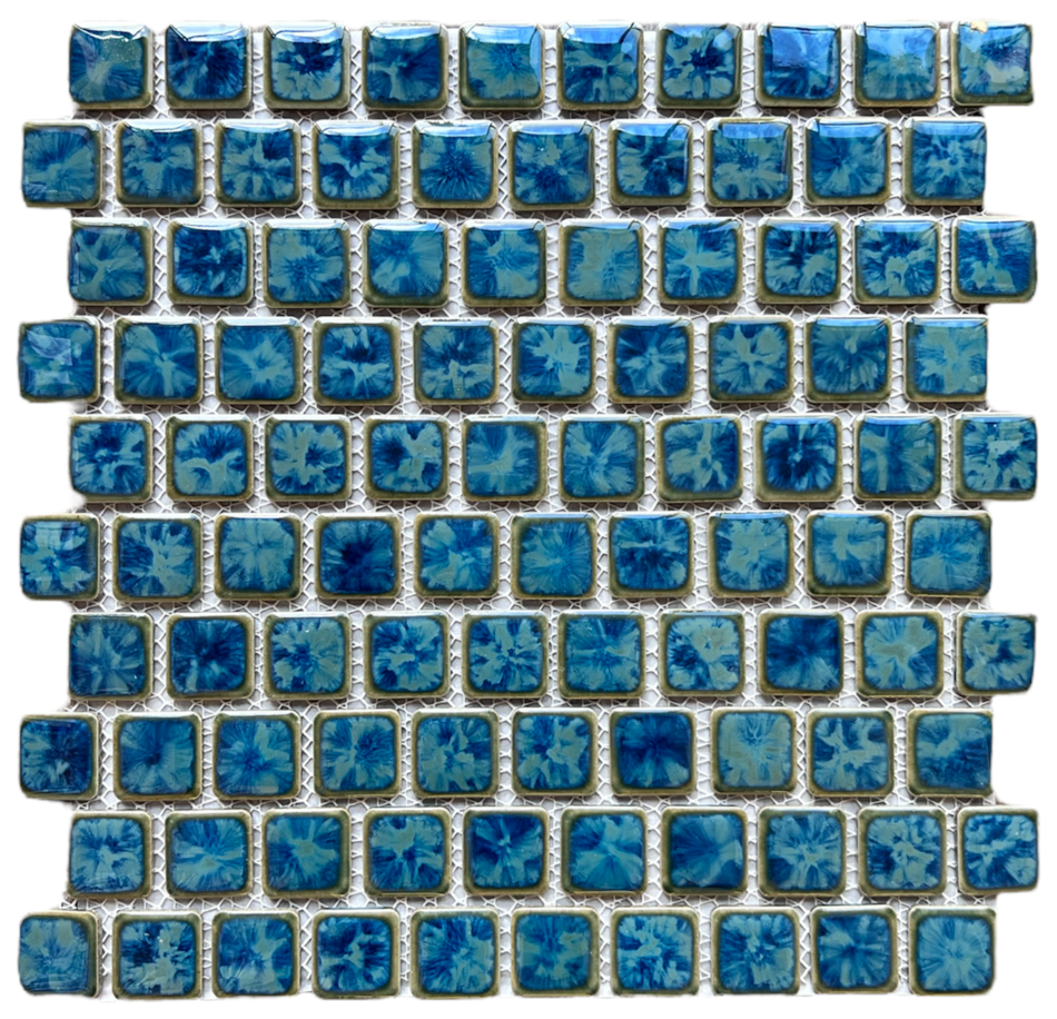 Tenedos Seawater Brick Pattern Blue Greenish and Gold 1x1 staggered Porcelain Mosaic Floor and Wall Tile