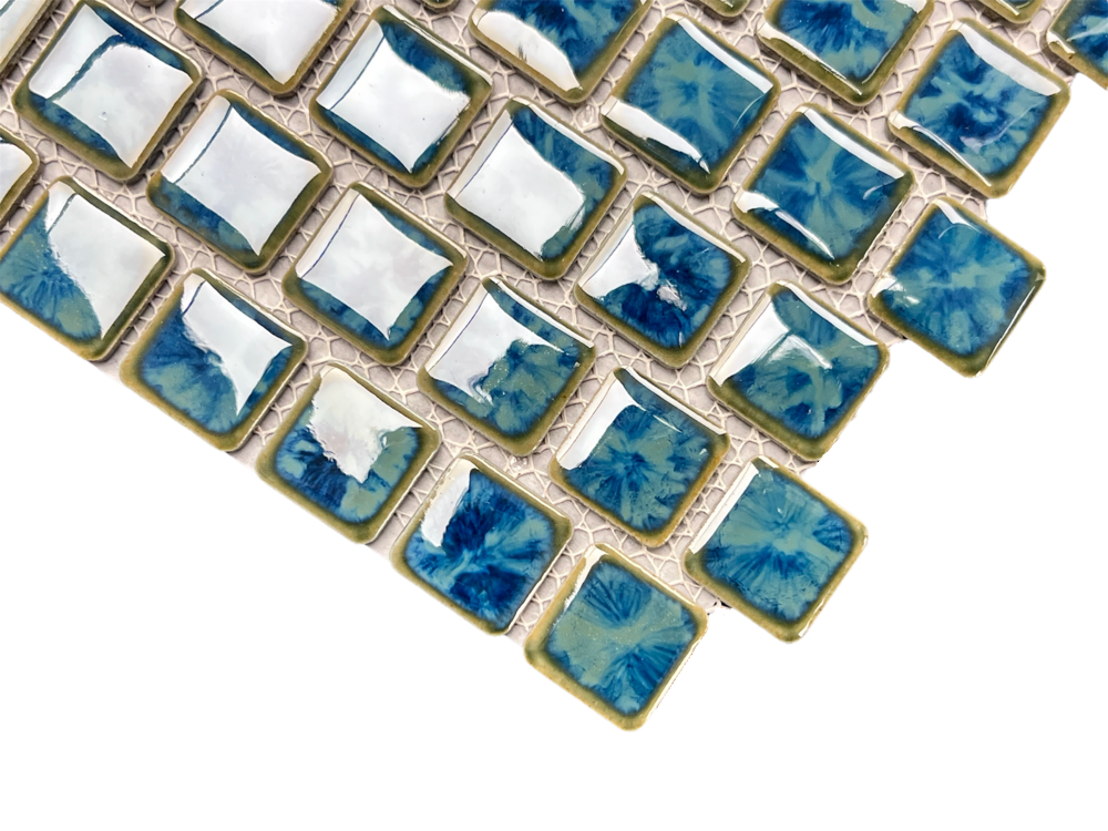 Tenedos Seawater Brick Pattern Blue Greenish and Gold 1x1 staggered Porcelain Pool Mosaic Floor and Wall Tile for Backsplash, Kitchen, Bathroom