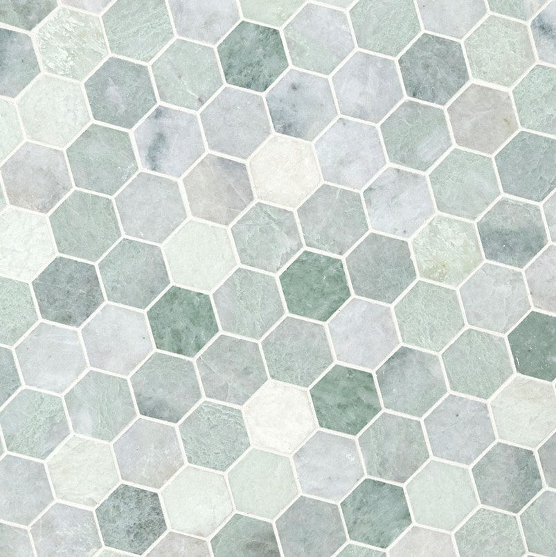 Ming Green 2 Inch Hexagon Polished Marble Mosaic Tile for Floor and Wall Tile, Shower Surrounds, Accent Walls, Kitchen Backsplashes, and Residential Uses