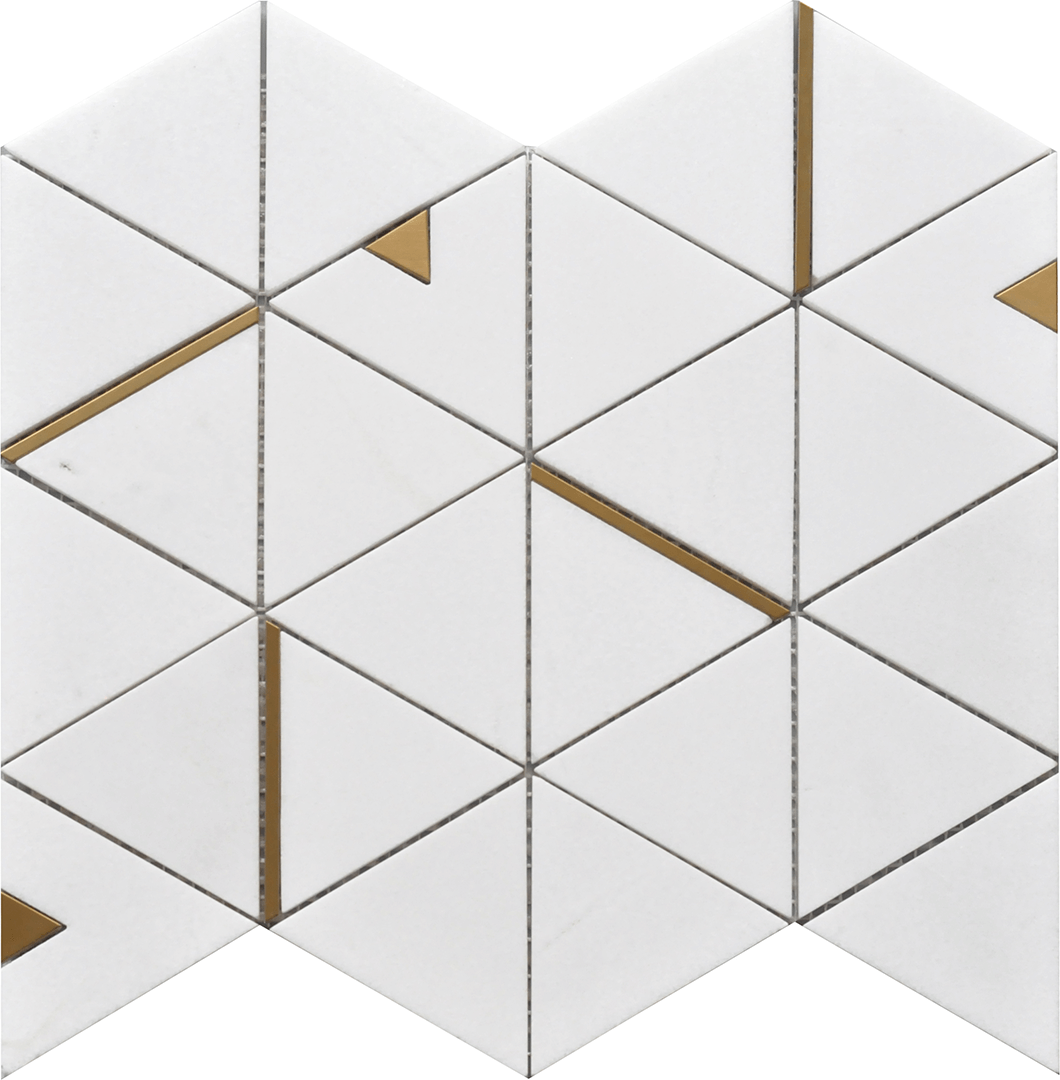 Geometric White Thassos Marble with Gold Stainless Steel Decor 12x14 Mosaic Wall Tile for Backsplash, Kitchen, Bathroom, Accent Wall, Fireplace Surround