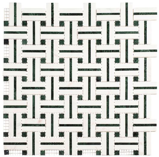 UTW-476 White Basket weave Marble with Dark Green Dots Polished Floor and Wall Tile for Kitchen Backsplash, Bathroom, Fireplace Surround, Accent Wall