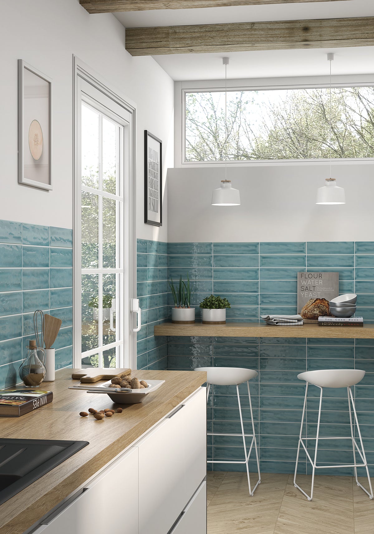 3x12 Handmade Coral Blue Subway Ceramic Wall Tile Gloss Finish, Made in Italy