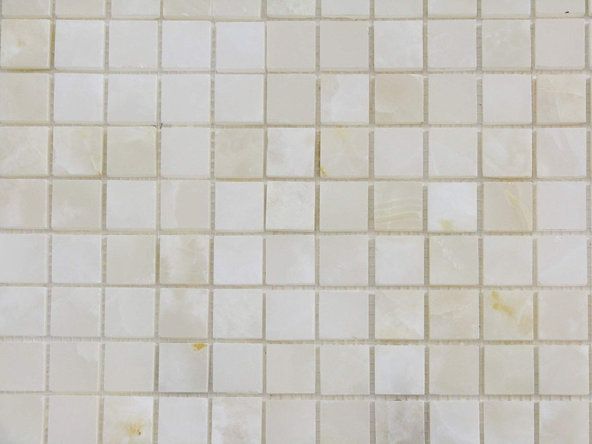 1x1 White Onyx Polished Marble Mosaic Tiles Meshed on 12x12 Sheet for Backsplash, Shower Walls, Bathroom Floors