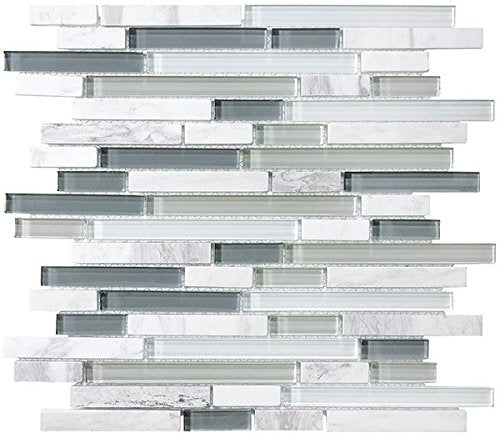 Bliss Iceland Marble and Glass Linear Mosaic Wall Tiles for Kitchen Backsplash or Bathroom Walls (Box of 10 Sheets)