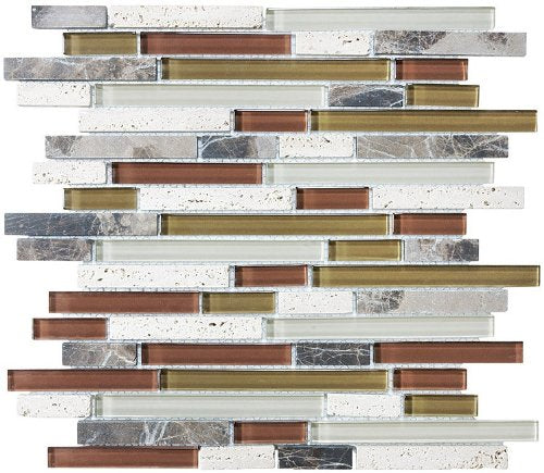 10 Sq Ft - Bliss Cappucino Stone and Glass Linear Mosaic Tiles- bathroom walls/ kitchen backsplash