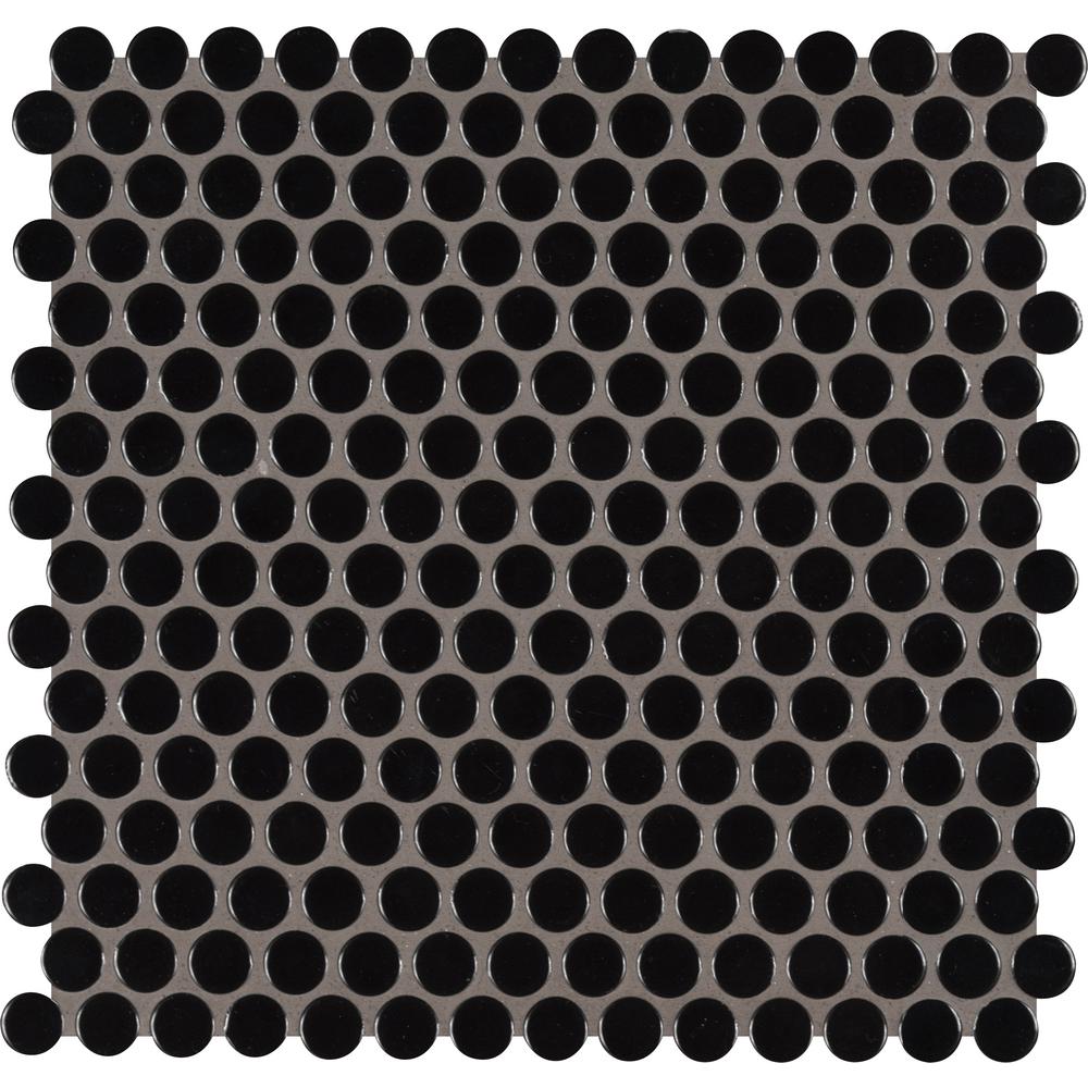 MSI Black Glossy Penny Round 11.57x12.4 x Porcelain Mesh-Mounted Mosaic Floor Wall Tile