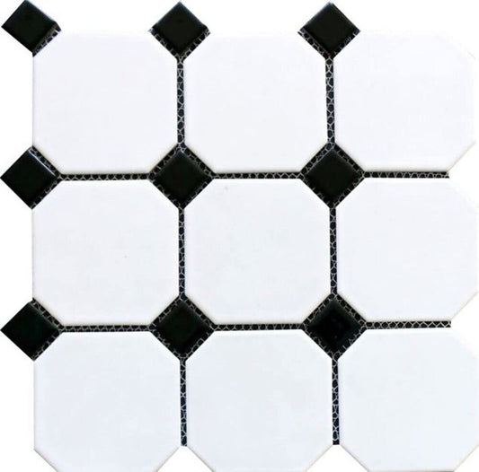 Matte White Octagon Porcelain Accent Panel with Glossy Black Details – Decorative Wall & Floor Piece for Bathroom, Kitchen, Pool, and Interior Design
