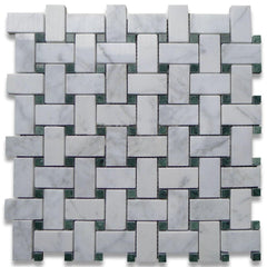 Carrara Marble Italian White Bianco Basketweave Mosaic Tile with Green Dots Polished