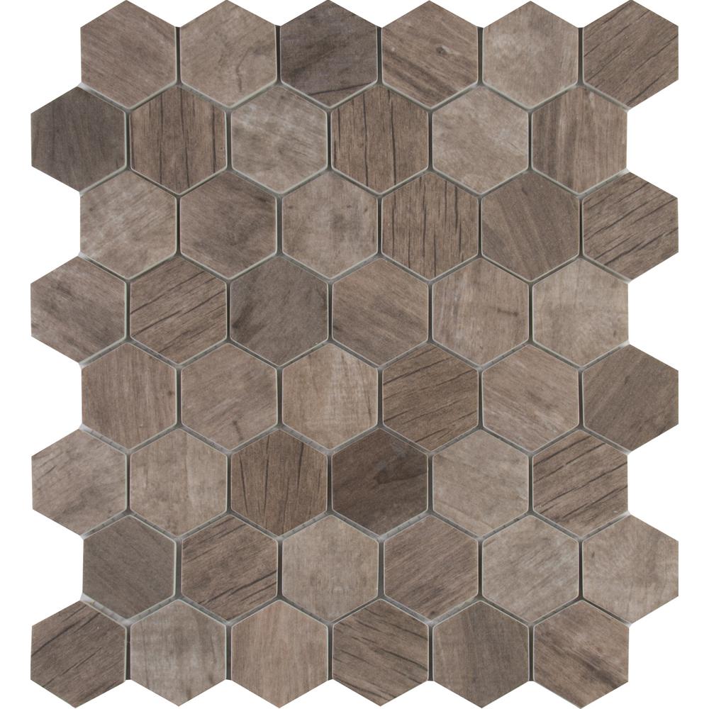 MSI Driftwood Hexagon 11.02x12.76x6mm Glass Mesh-Mounted Mosaic Wall Tile