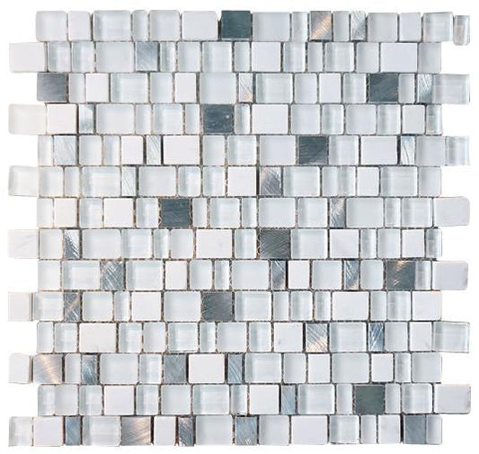 Glossy and Matte White With Aluminum Random Brick Cubes Pattern Glass Mosaic Tiles