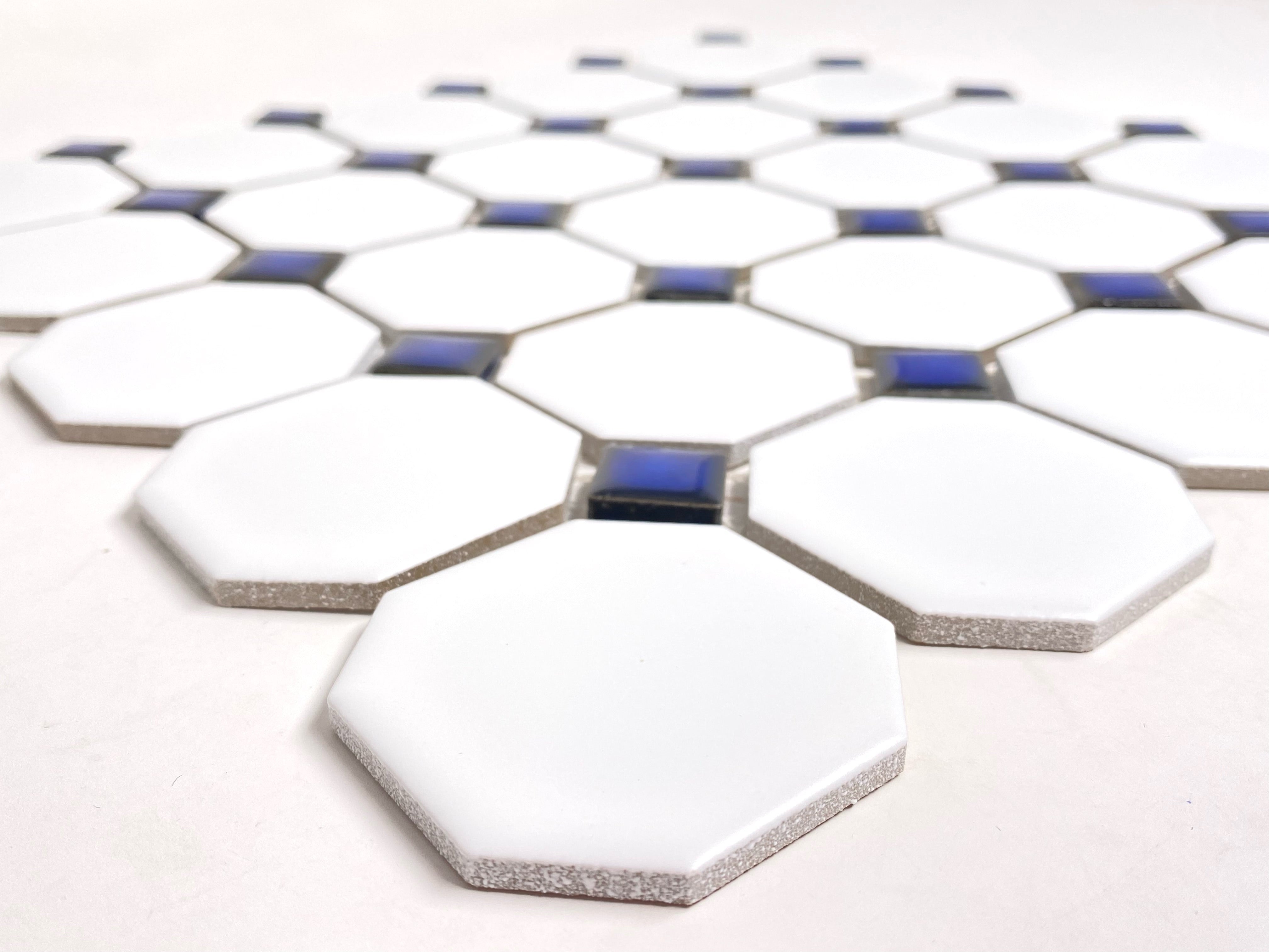 Octagon Porcelain Mosaic Wall Floor Tile Matte White with Glossy Cobalt Blue Dots Designed in Italy (12x12)