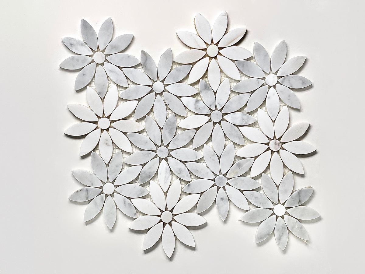 Daisy Flower 10"x12" Carrara with Marble Thassos Polished Mosaic Floor Wall Tile for Kitchen Backsplash Bathroom, Flooring Shower, Fireplace