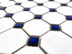 Octagon Porcelain Mosaic Wall Floor Tile Matte White with Glossy Cobalt Blue Dots Designed in Italy (12x12)