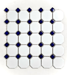 Octagon Porcelain Mosaic Wall Floor Tile Matte White with Glossy Cobalt Blue Dots Designed in Italy (12x12)