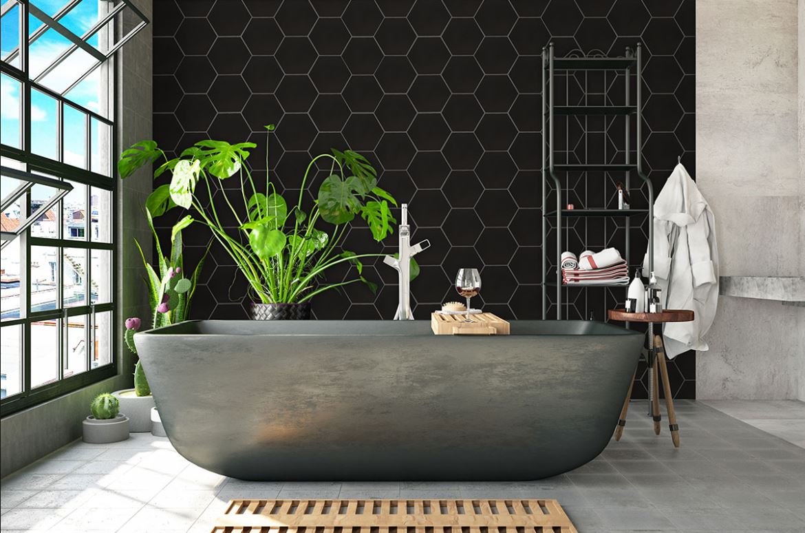 9 in. Hexagon Black Satin Porcelain Floor and Wall Tile (6.89 sq. ft. - 14 Pieces/Case) for Kitchen Backsplash, Bathroom, Flooring